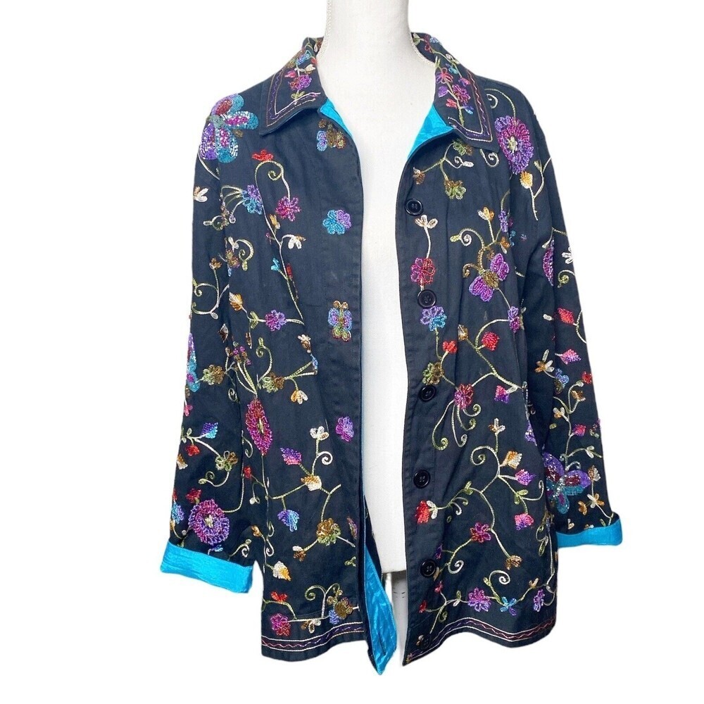 Vtg Quaker Factory Jacket Women Sz M Black Beaded Butterflies Embroidery Flowers